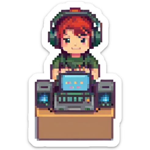 pixel art music producer with laptop and speakers retro vibe sticker