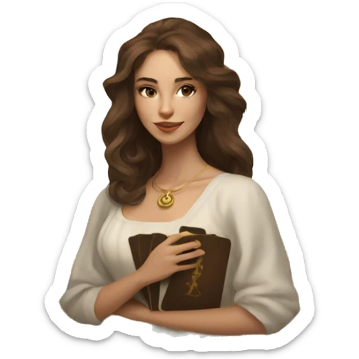 Brown hair beautiful girl with brown tarot gold cards sticker