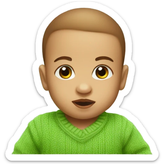 a 2 month old baby with a green sweater and brown eyes farts sticker
