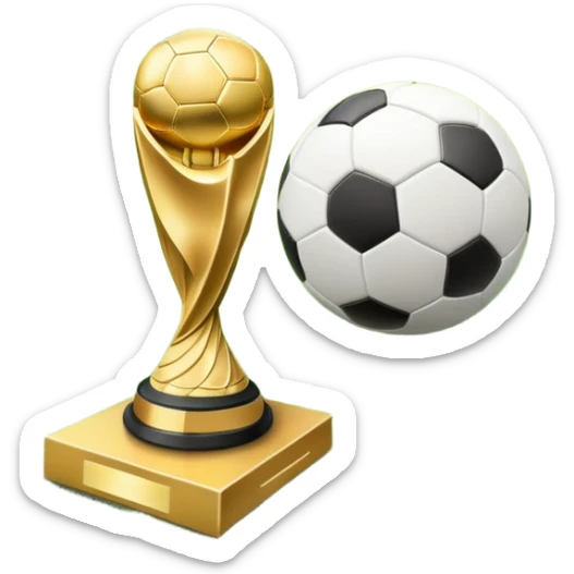 A football resting on the green grass of a soccer field, with goalposts and field markings in the background. In the foreground, the UEFA World Cup trophy gleams, symbolizing the pinnacle of football achievement, adding an element of prestige and competition to the scene. sticker