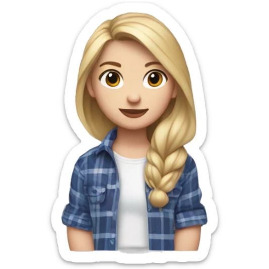 Fair skinned girl with blonde and hair hazel eyes wearing a blue pheasant earring and white shirt and red plaid flannel sticker