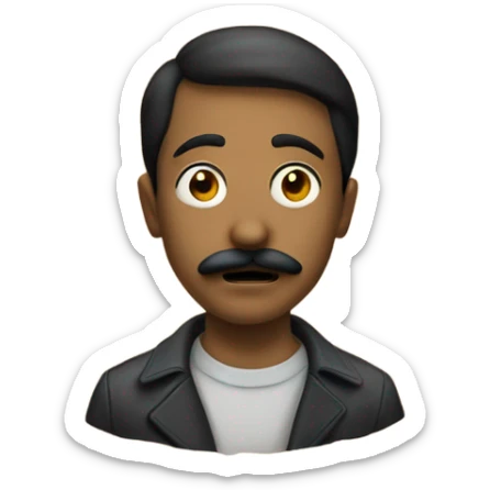 young man with mustache on street being haunted by a wooden mask sticker