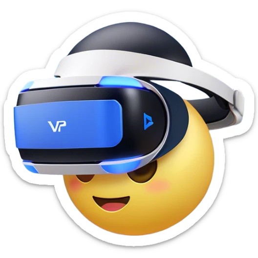Clash of Clans aesthetic: Cinematic Playful PlayStation VR Headset Portrait Emoji, rendered in a 3D vector-style similar to standard emojis with minimal shading and bold, simplified shapes. A compact, distinct form with signature details, softly glowing with a cutting-edge console technology charm. Simplified yet unmistakably iconic, highly detailed and consistent, glowing with a soft radiance and high shine. Stylized with a touch of technological advancement and a soft glowing outline, capturing the essence of a beloved gaming relic with a friendly, playful manner! sticker