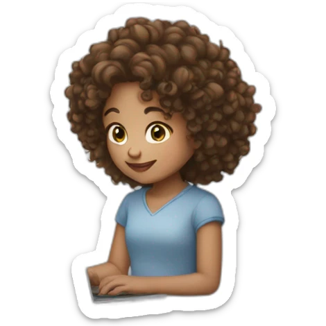 girl with curly brown hair and laptop and white hearts back sticker