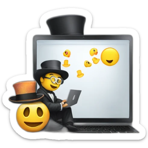 a magician programming a laptop with an emoji of a truck on the laptop screen sticker