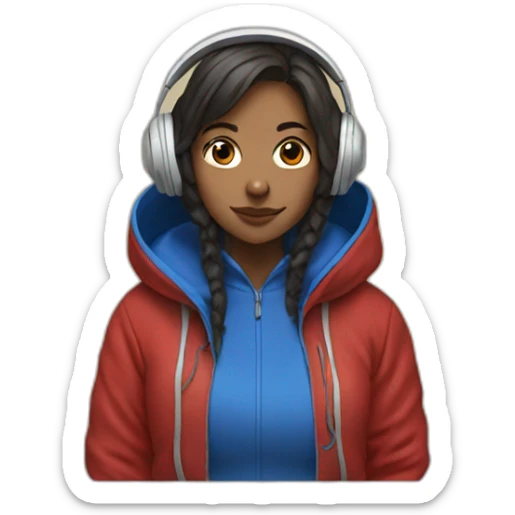 Lo-fi girl studing headphones, blue jacket, red hoodie sticker
