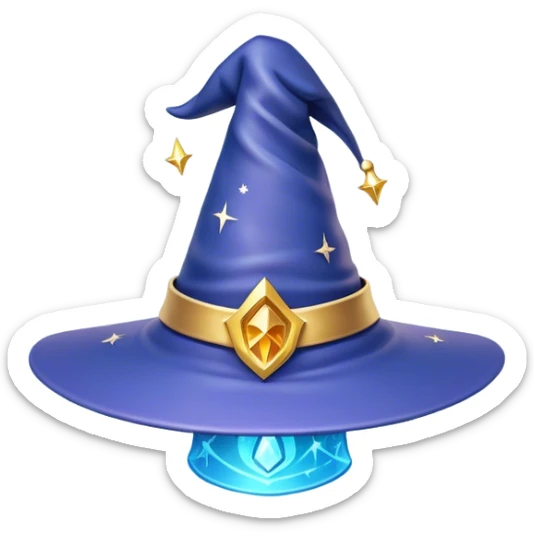 Clash of Clans aesthetic: Cinematic Playful Wizard's Hat Emoji, rendered in a 3D vector-style similar to standard emojis with minimal shading and bold, simplified shapes. A compact, isometric pointy hat with a wide brim adorned with mystical symbols and subtle enchanted shimmer, softly glowing with a magical whimsical charm. Simplified yet unmistakably iconic, highly detailed and consistent, glowing with a soft radiant glow and high shine. Stylized with a touch of classic sorcery and a soft glowing outline, capturing the essence of a legendary wizard’s hat with a friendly, playful manner! sticker