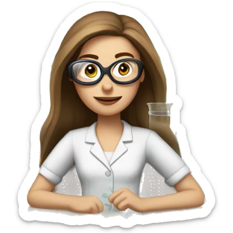 Pale Woman with straight long brown hair wearing small clear goggles in a lab class with a traditional bench and beakers  sticker