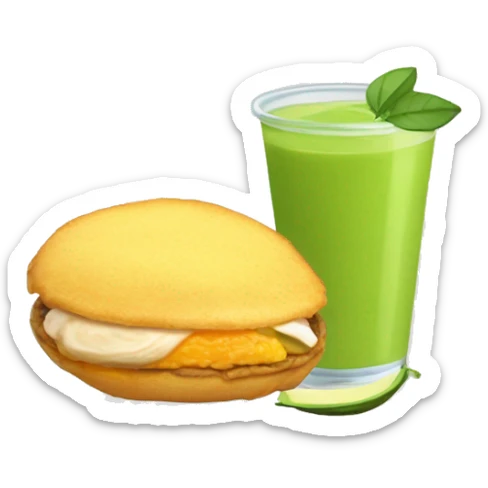 Arepa rellena de una mezcla de pollo desmechado con aguacate con un vaso de vidrio con jugo de naranja sticker