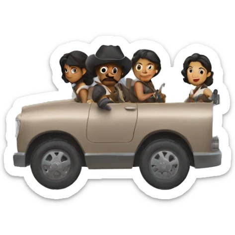 6 musketeers driving a semi, no weapons, racial mix, male & female sticker