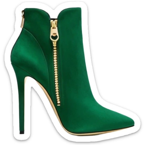 Hyper Realistic, Michael Kors jew tone emerald green suede, both pairs of stiletto ankle bootie boots, detailed  sparkly 14k Gold zipper sticker