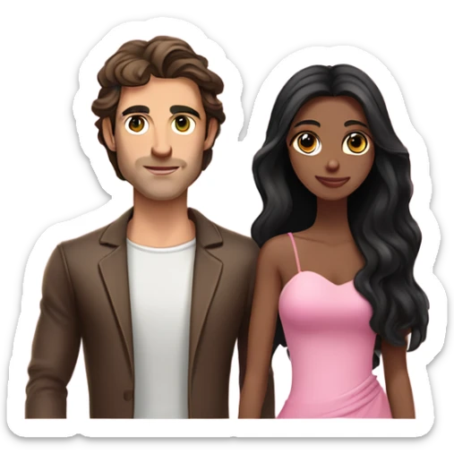 A handsome pale Greek god man who has long brown hair and tanned skin with a pretty black skinny tall model woman who has long black hair and she is wearing a pink dress and they are a couple sticker