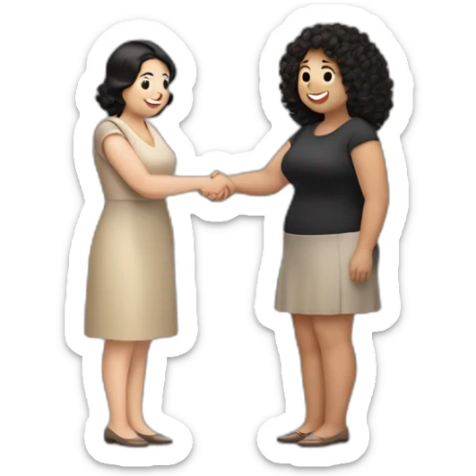 tan chubby woman with black curly hair shakes hands with a chubby pale woman who has straight light brown hair sticker