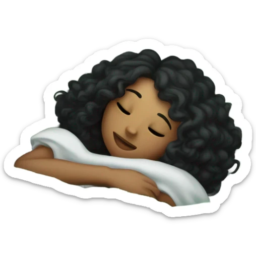 girl with curly black hair sleeping in bed with faded green striped comforters sticker