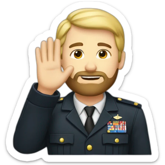 a saluting man with blond hair and a dark beard with a hand raised in salute sticker