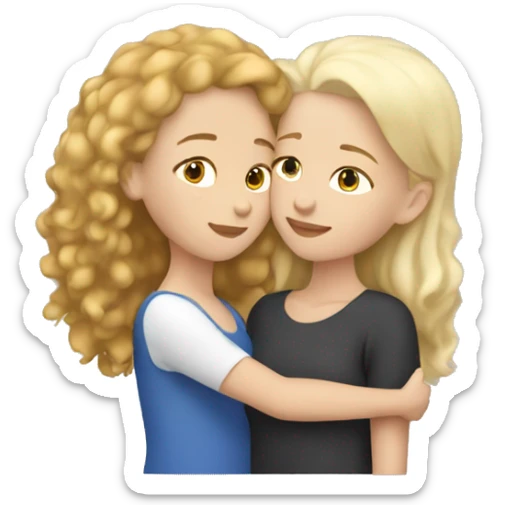 White skin adult girl with short straight blond hair hugging white skinned teenage girl with brown curly hair sticker