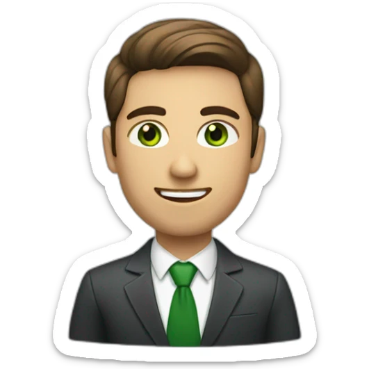 person with business style and serious and brown hairs and green eyes and smile sticker