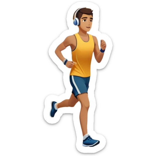 A runner wearing sports headphones jogs along a scenic waterfront promenade. The path is lined with trees, and the calm water reflects the golden hues of sunrise. In the background, a city skyline and distant mountains create a picturesque view. Transparent background enhances the motion. sticker