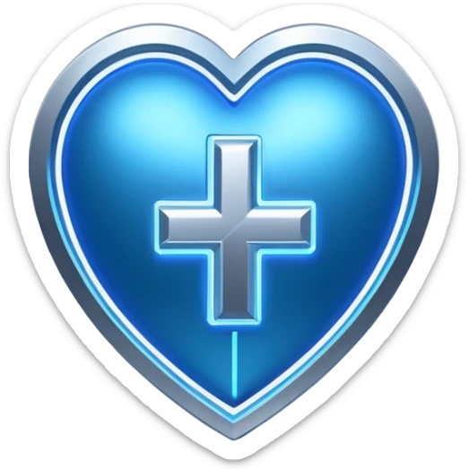 Futuristic premium medical AI logo emoji, sleek metallic heart or shield, ECG line forming stylized letters AI, neon blue and silver, 3D effect, glowing edges, minimal but bold, tech-savvy, high-tech healthcare branding, instantly recognizable, viral-ready, vector flat style with subtle shadows sticker
