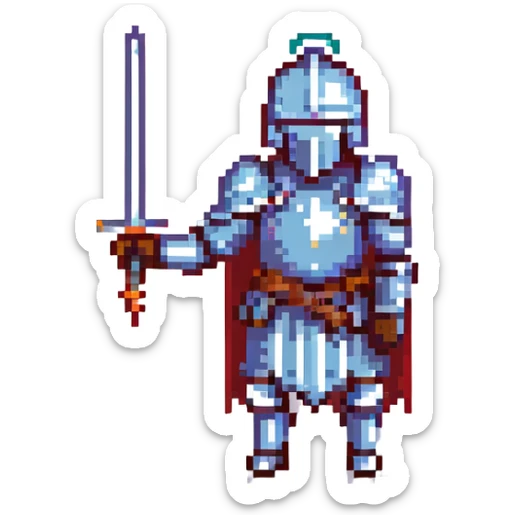 A pixel art knight in armor with a closed helmet, expressing merriment. The knight's arms and legs are in different positions. The image is portrait-sized and has a clear outline. sticker