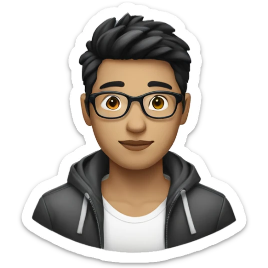 A beautiful  young man with black and short hair and white skin, wearing round glasses and jacket sticker