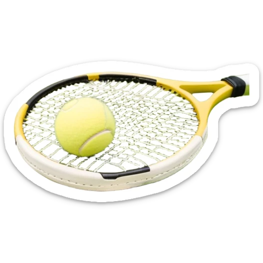 A tennis racket and ball positioned on a grass court, with the net and lines clearly visible in the background. The scene emphasizes the classic elements of the sport, capturing the energy and precision of a tennis match. sticker