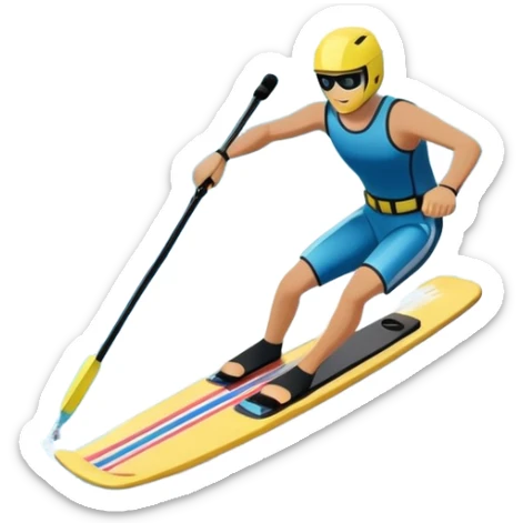 humanless icon showing water skis on the surface of the water, with the skis cutting through the waves, and a distant boat in the background creating a wake. The design highlights the smooth, dynamic motion of water skiing. Transparent background emphasizes the thrill of the sport sticker