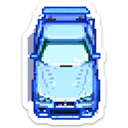 Brian's Nissan Skyline GTR R34 from Fast and Furious, pixel art style, chrome body with blue stickers, car alone sticker