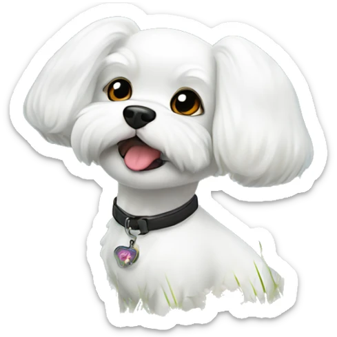 dog bichon maltese amongst grass, flowers with a water dragon lookig at him trying to smell butterflies sticker