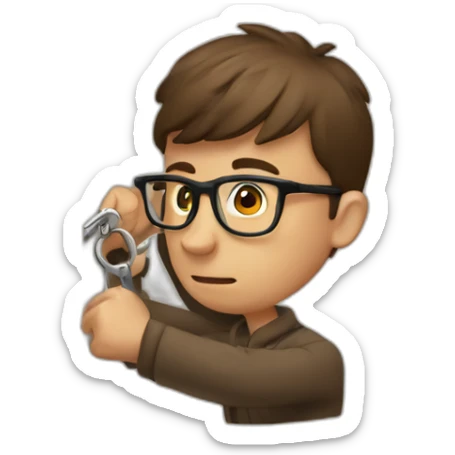 brown-short-haired man wearing glasses, struggling to fit a key into a door-lock sticker