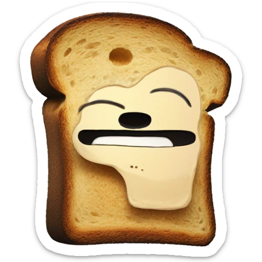 a slice of toast there are black charred bits on him, he is very sad and Happy and lonely, in the middle of nowhere, in the style of a moebius comic drawing  a slice of toast sticker