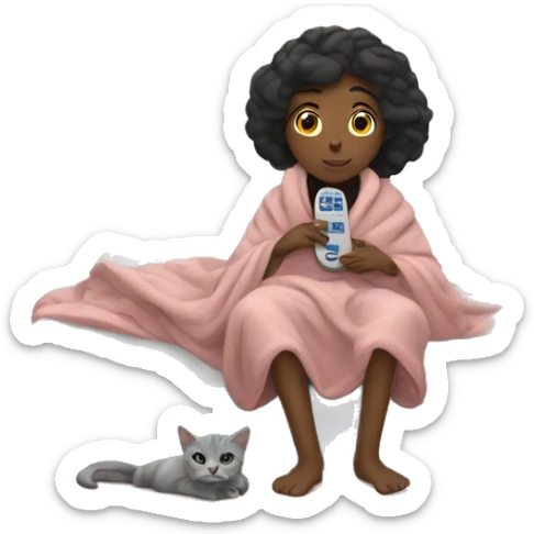 Girl wrapped in a blanket with a cat on her bed next to her and a tv remote in her hands  sticker