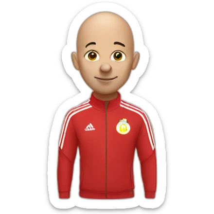 Bald man in red Adidas training suit with clown hair and nose sticker