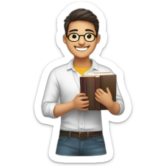 joven estudiante con todos sus libros, de piel blanca muy feliz y sonriente con un libro en sus manos y sobre su cabeza sticker