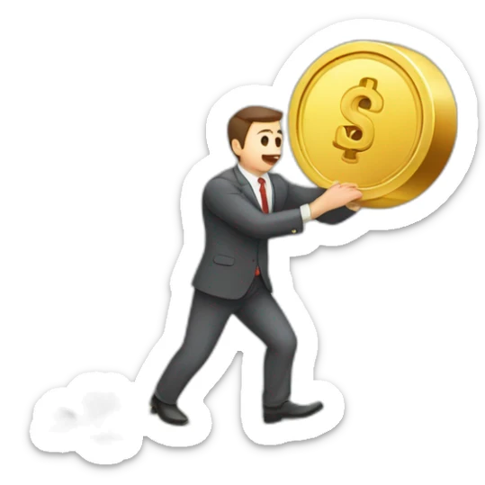 money trap concept, financial risk metaphor. businessman trying to reach a coin with a stone tied to his feet sticker