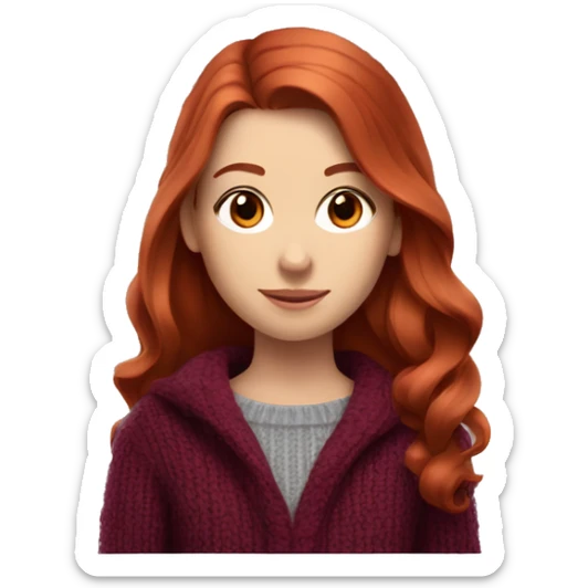 redhead girl with grey eyes with long hair and Dyson styling in a burgundy sweater and a rat on her shoulder sticker