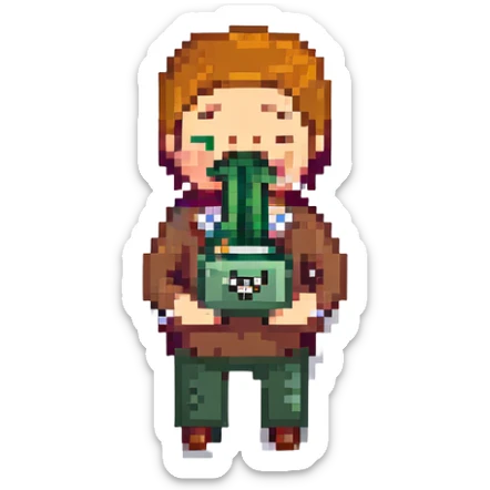 pixel art of a man with money stuffed in his mouth sticker