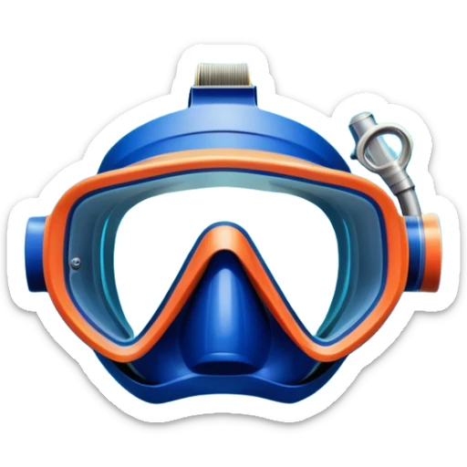 An icon featuring a close-up of a diving mask, snorkel, and fins floating on the surface of vibrant blue water. In the background, coral reefs and tropical fish create a lively underwater scene. Transparent background highlights the beauty and adventure of the diving experience. sticker