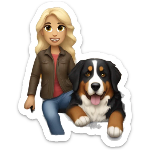 Light-haired, brown-eyed woman with Bernese Mountain Dog in a pickup truck sticker