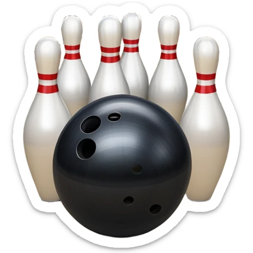 A bowling ball rolling down the lane towards a set of pins, with the pins poised to fall. The scene is set in a bowling alley with bright lights and a polished wooden floor, capturing the excitement and precision of the sport. sticker