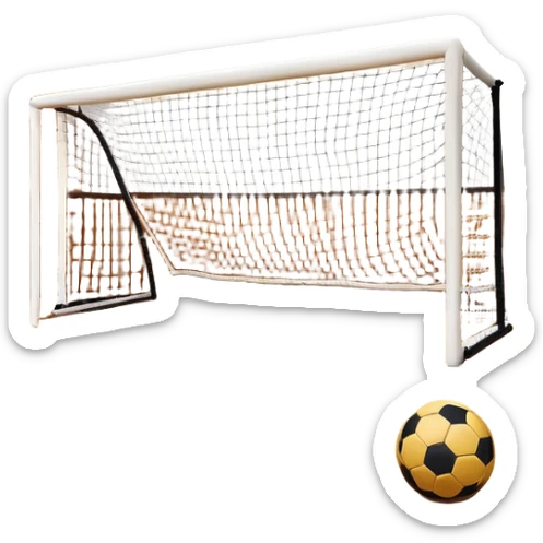 A close-up of footballs and a goal on a covered indoor futsal court with a wooden floor. The scene highlights the details of the balls and goalposts, with the smooth, polished court surface creating a clean and focused atmosphere for the game. sticker