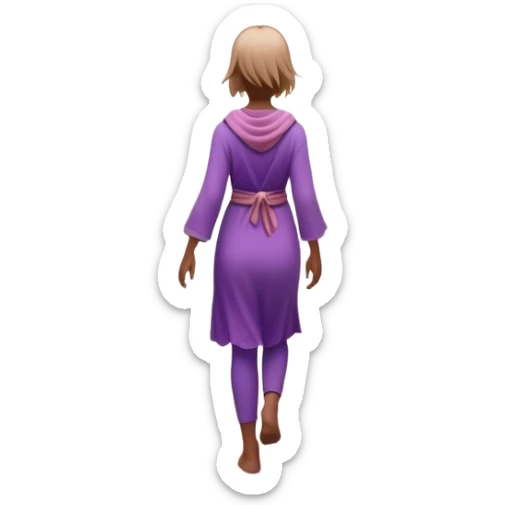 A small figure walks back across a foggy bridge, holding soft pink and purple orbs in each hand—symbolizing compassion and forgiveness. A gentle heart aura trails behind them, showing healing in motion. sticker