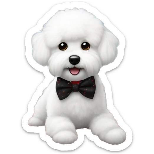 a little scruffy little bichon frisé that has  a bow tie sitting on a red and black big pillow looking happy in front a window looking outside a winter scene where snow flakes are falling  sticker