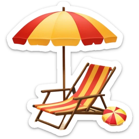 Vibrant Icon for Beach Tourism: a sunny beach with the sea, a lounge chair, a sun umbrella, and flip-flops. The icon should capture the essence of a relaxing beach vacation with a carefree atmosphere. Transparent background. sticker