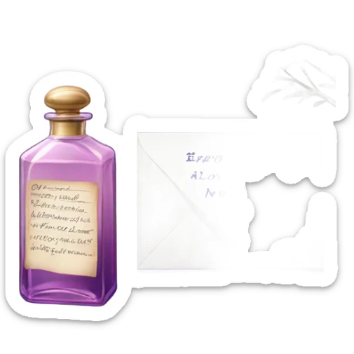 Aesthetic still life of soft violet mimosa flowers, a vintage-style pink perfume bottle, and a lavender love note delicately placed in an envelope.
 sticker
