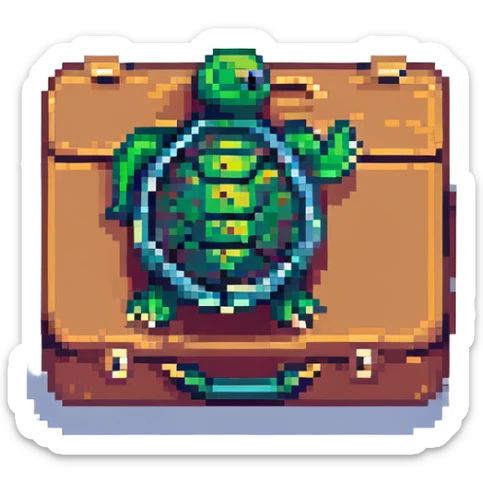 tortue qui part en voyage, style pixel art, avec valise, ambiance aventure sticker