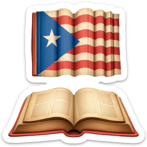 Ancient book with Puerto Rican flag subtly integrated on cover, carved wooden theater curtains symbol, warm vintage textures, soft glow representing timelessness and theatrical design heritage sticker