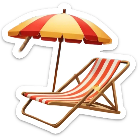 Icon for Beach Tourism: a sandy beach with a lounge chair, sun umbrella and flip-flops, ocean landscape in the background. The icon should capture the relaxation and fun of a beach vacation. Transparent background sticker