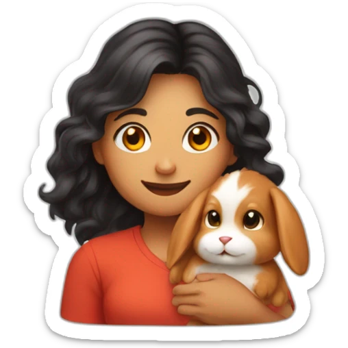 woman with brown neyes and long wavy black hair in a red shirt is holding a very fluffy orange rabbit sticker