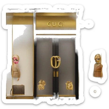“Gucci store exterior with gold logo above entrance, large glass windows displaying luxury fashion, and elegant double doors.” sticker